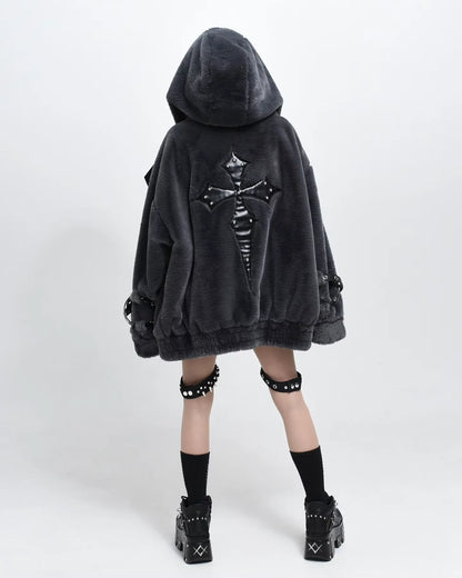 Lautaro Autumn Winter Thick Warm Faux Fur Coat Women with Hood Zipper Luxury Japanese Style Punk Harajuku Fluffy Jacket 2026