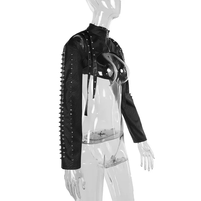 Punk Faux Leather Cropped Jacket with Rivets - Women's Streetwear