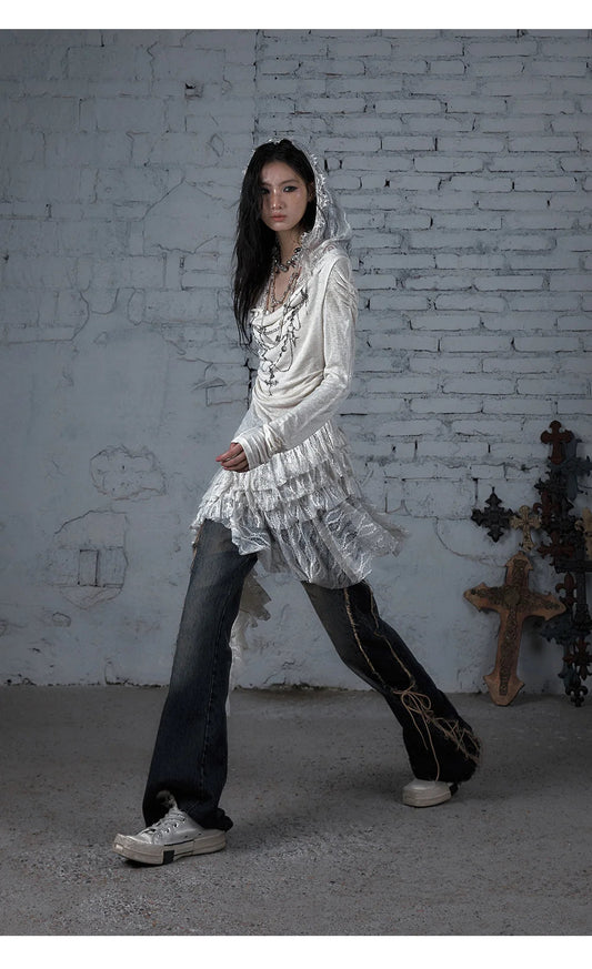 NO ROMANCE Fairy Sexy Punk Printing Half Transparent Lace Patch Knitted Long Sleeve Hooded Dresses Rock Gothic Design Vestidos SS69