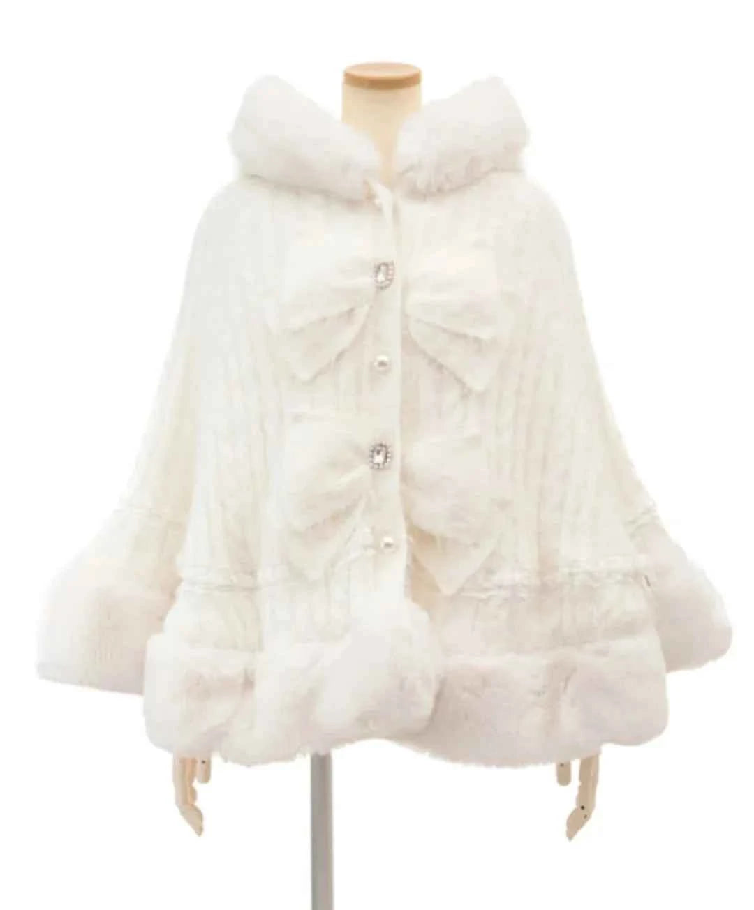 Liz Japanese Sweet Princess Faux Rabbit Fur Cape Coat Autumn Winter Girl Women Fur Jacket Clock Rhinestone Bow Hooded Coat
