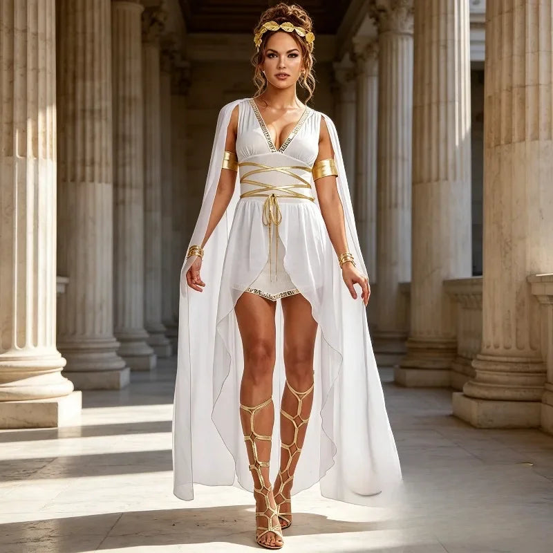 Greek Roman Goddess Dress Flowing White Toga Robe Halloween Cosplay Costume for Stage Performance and Party