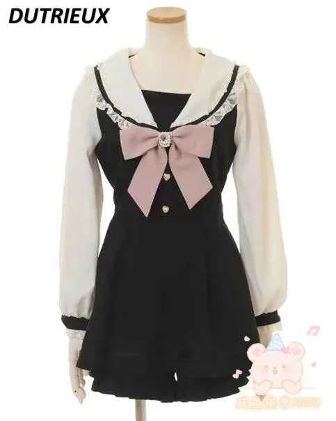 Japanese Style Women's Outfits Sailor Collar Plaid Rhinestone Bow Dress Shorts Set Sweet Lolita Mine Series Dress Two-Piece Suit