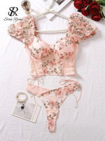 SINGREINY Mesh Sheer Sexy Underwear Suits Lace-Up Puff Sleeves Short Top+Mini Briefs Floral Embroidery Sensual Two Piece Set SS69