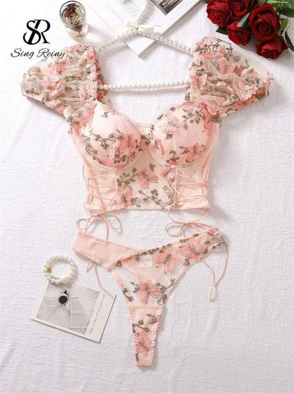 SINGREINY Mesh Sheer Sexy Underwear Suits Lace-Up Puff Sleeves Short Top+Mini Briefs Floral Embroidery Sensual Two Piece Set SS69