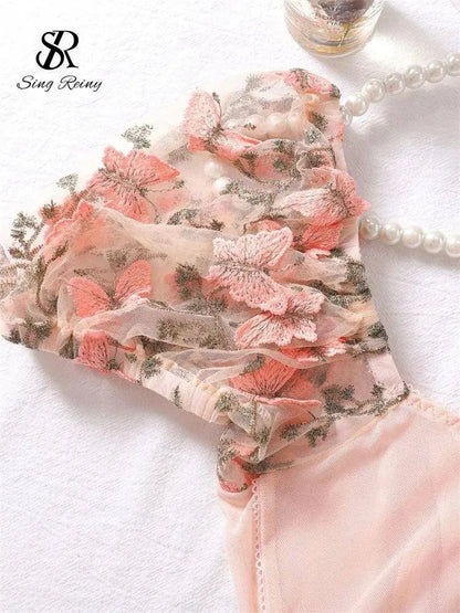 SINGREINY Mesh Sheer Sexy Underwear Suits Lace-Up Puff Sleeves Short Top+Mini Briefs Floral Embroidery Sensual Two Piece Set SS69