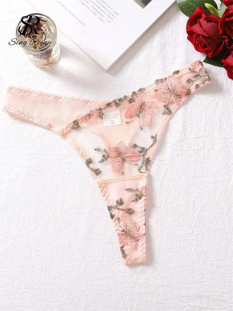 SINGREINY Mesh Sheer Sexy Underwear Suits Lace-Up Puff Sleeves Short Top+Mini Briefs Floral Embroidery Sensual Two Piece Set SS69