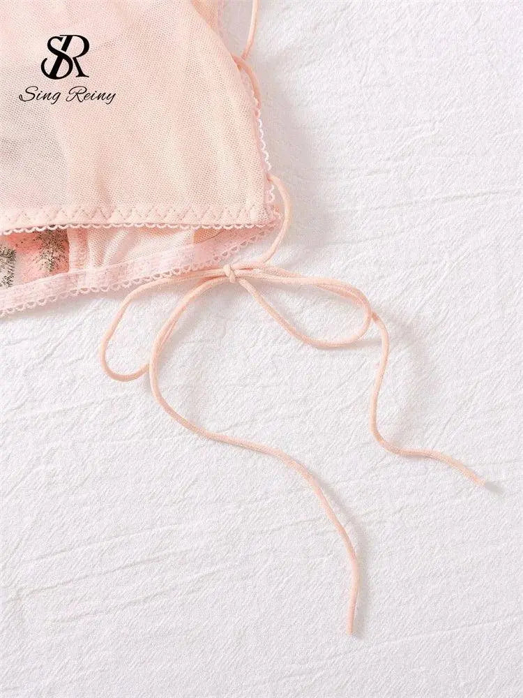 SINGREINY Mesh Sheer Sexy Underwear Suits Lace-Up Puff Sleeves Short Top+Mini Briefs Floral Embroidery Sensual Two Piece Set SS69