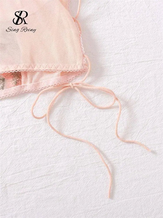 SINGREINY Mesh Sheer Sexy Underwear Suits Lace-Up Puff Sleeves Short Top+Mini Briefs Floral Embroidery Sensual Two Piece Set SS69