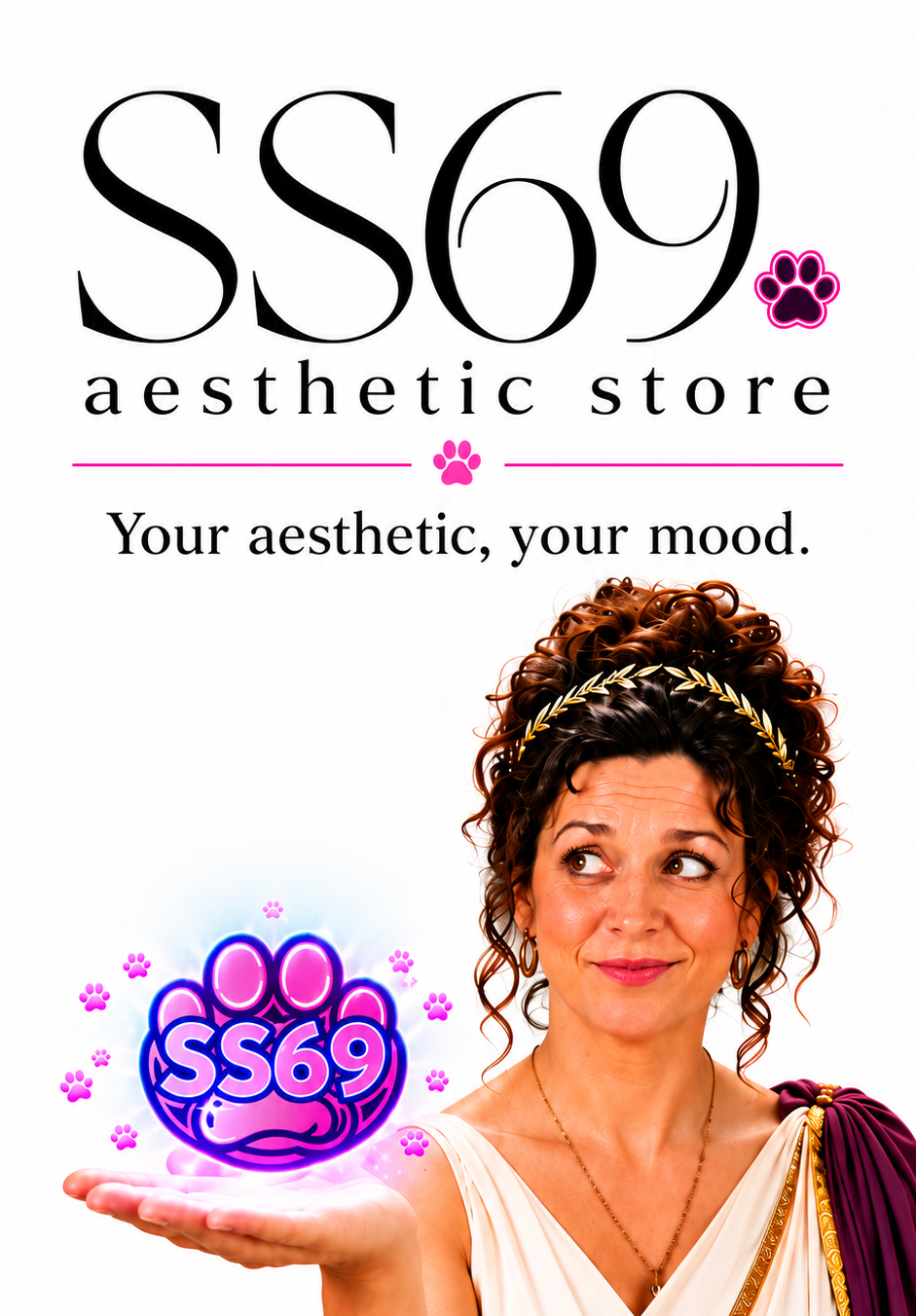 A promotional graphic for 'SS69 aesthetic store' featuring a woman in a white and purple classical-style dress holding a glowing purple paw print logo with 'SS69' inside. The text 'Your aesthetic, your mood.