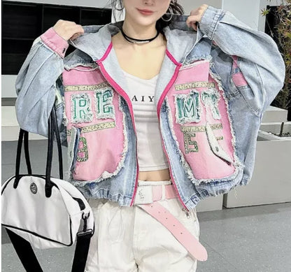 Womens Spring New 2026 Splicing Hooded Retro Denim Jacket Fashion Short Loose Versatile Zipper Long Sleeve Street Jackets