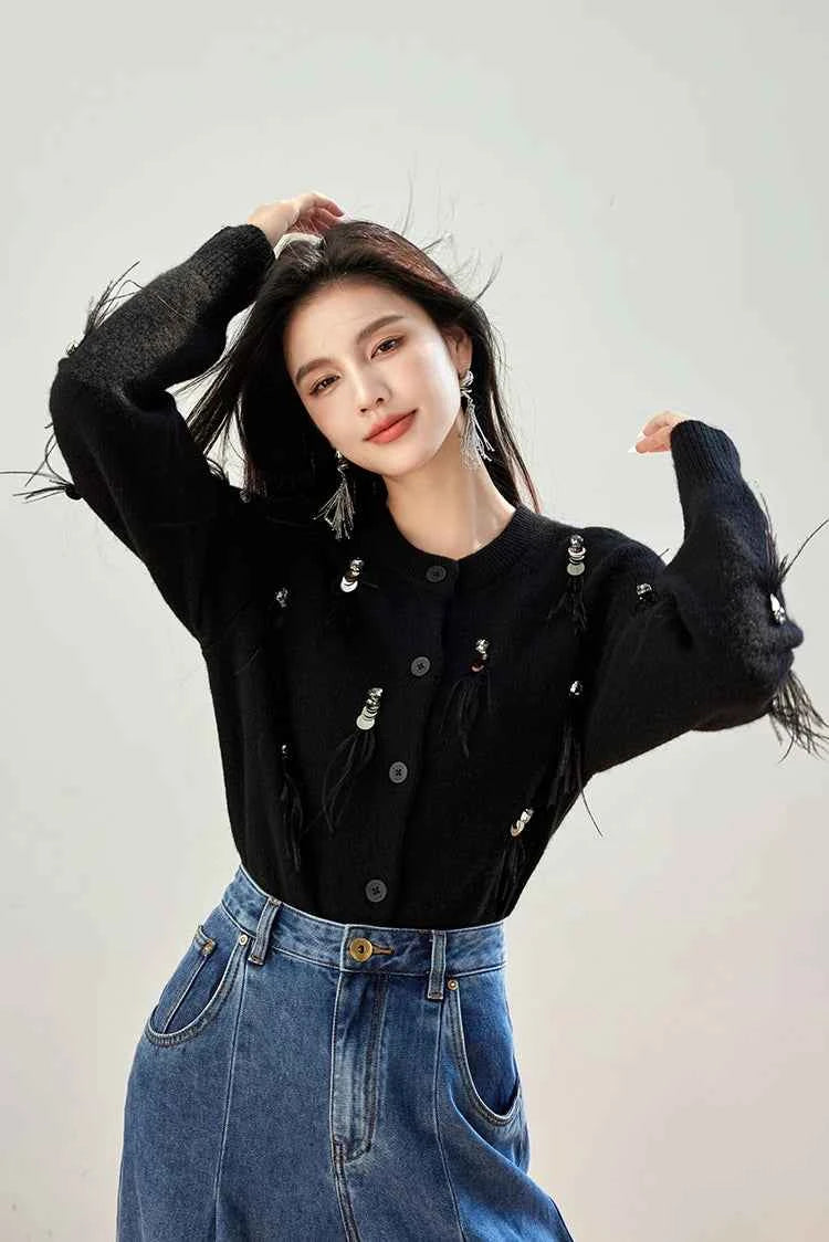 H Han Queen Autumn Simple Basic Black Tasseled Sequins Knitted Coats Cardigan Sweater For Womens Tops Long Sleeve Cardigans