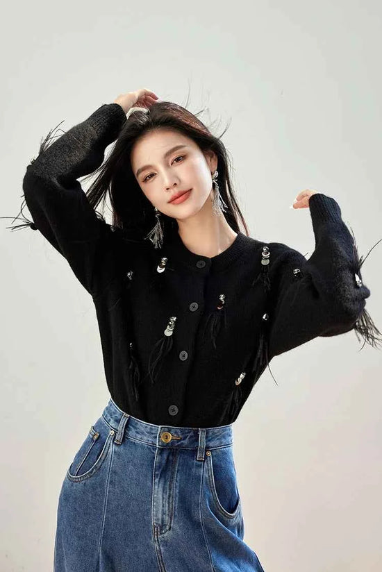H Han Queen Autumn Simple Basic Black Tasseled Sequins Knitted Coats Cardigan Sweater For Womens Tops Long Sleeve Cardigans