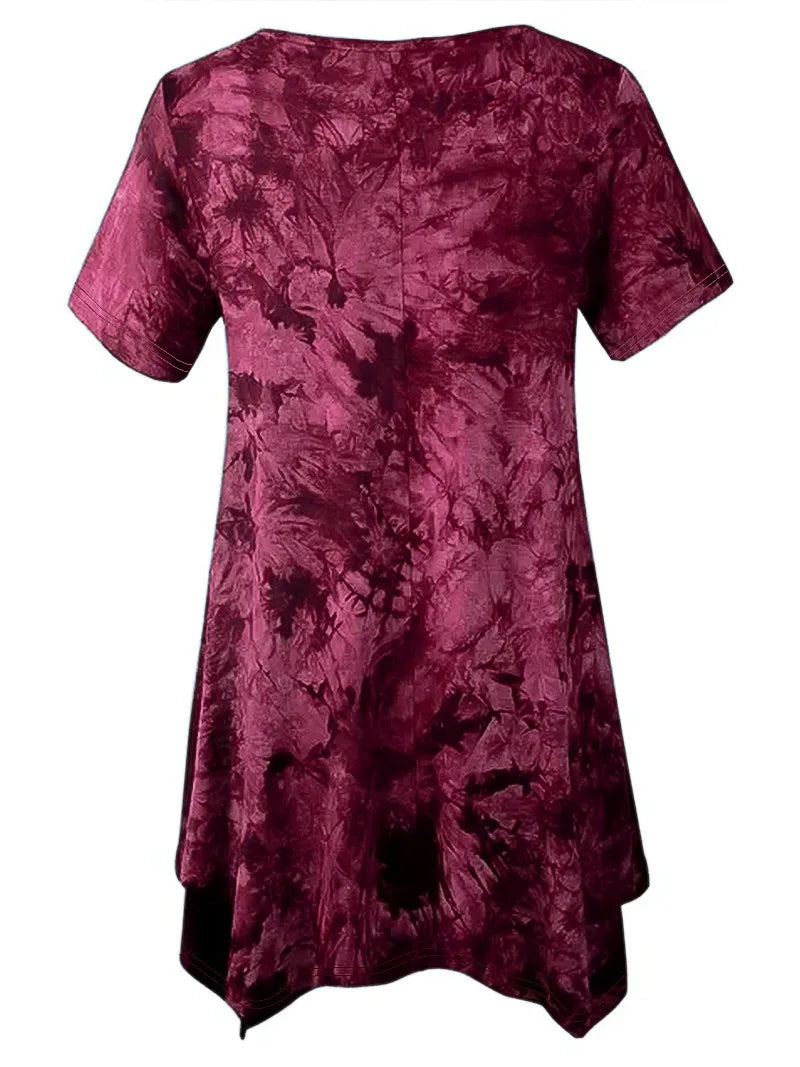 5XL Plus Size Woman Clothing Tie Dye Short Sleeve T-shirt Casual New Style V Neck Irregularity Tops Big Size Ladies Loose Tops - SS69 