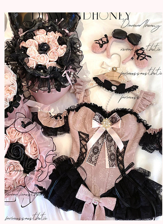 2024 New Spring Summer Ladies Exquisite Lace Skirt Suit Lolita Sweet Womens Black Pink Bow Tube Top Sling Short Cake Skirt Set SS69