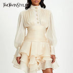 TWOTWINSTYLE Solid Spliced Ruffles Dress Female Stand Collar Long Sleeve Loose French Elegant Women's Dresses Autumn Fashion New