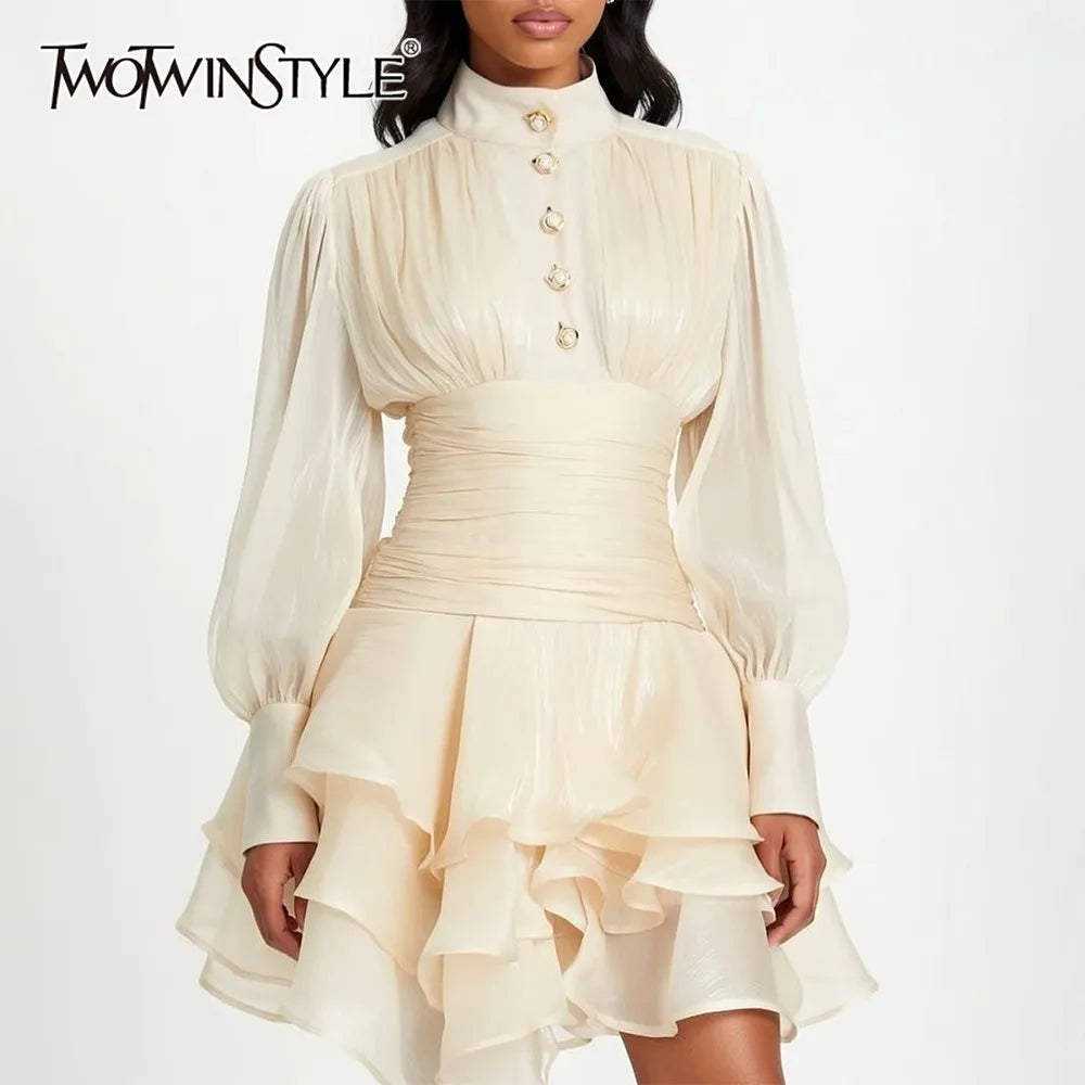 TWOTWINSTYLE Solid Spliced Ruffles Dress Female Stand Collar Long Sleeve Loose French Elegant Women's Dresses Autumn Fashion New