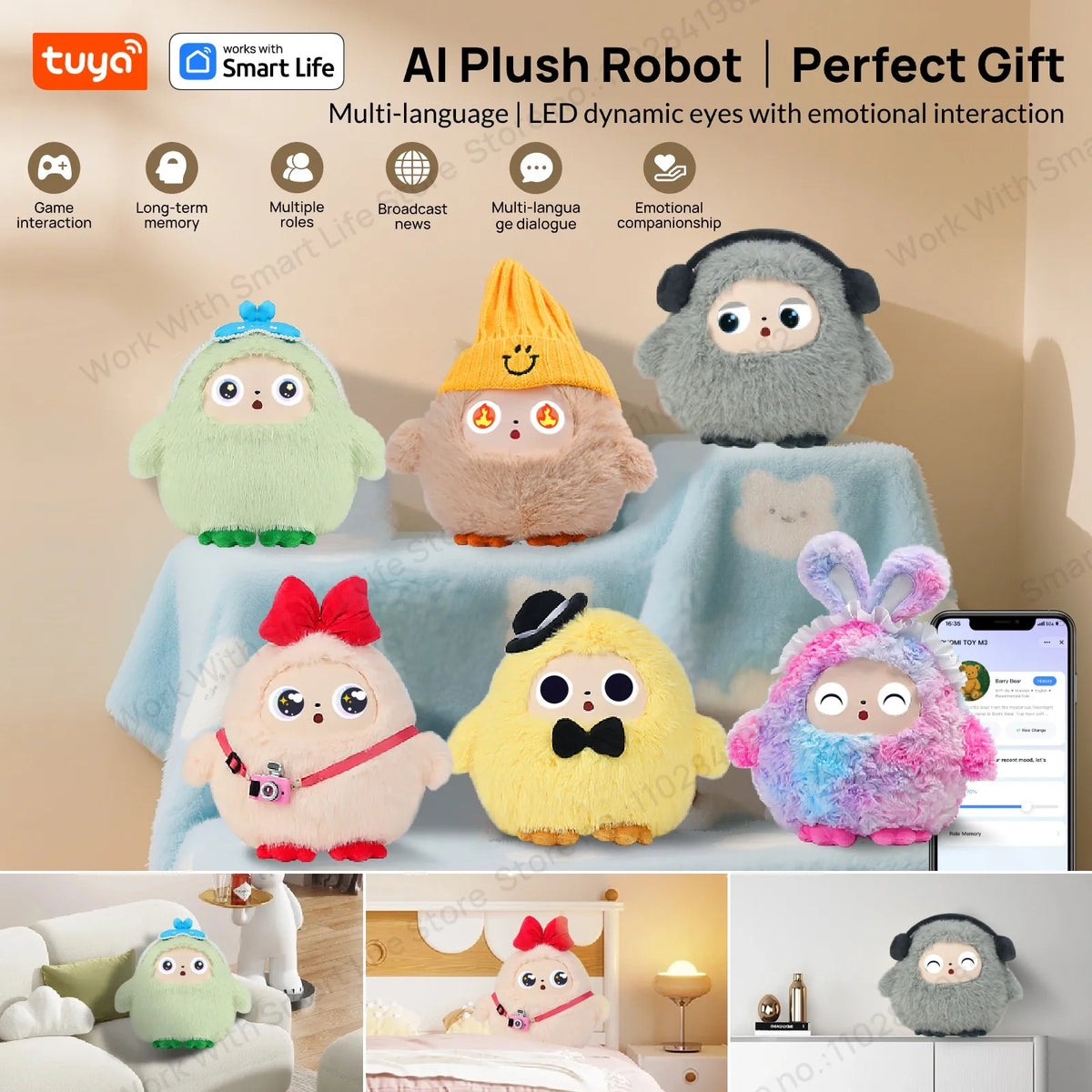 SS69 Interactive AI Plush Toy with Smart Voice, LED Eyes and Tuya App