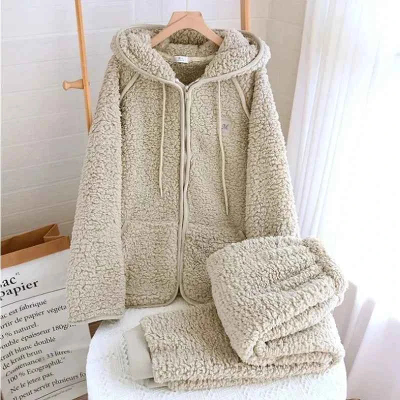 Thick Fluffy New Couple's Pajama Hooded Zipper Sleeping Sleepwear Winter Underwear Set Nightie Warm  Pyjamas Women Loungewear
