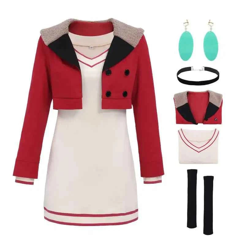DAZCOS Momo Ayase Dan Da Cosplay Costume Full Set Outfit Red Suite Jacket Knitted Dress for Women Halloween
