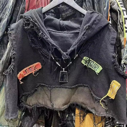 American retro old wash jeans vest women's fashion high-end stitching hole design short sleeveless hooded patch coat jacket. SS69 31.69 Only denim jackets / L