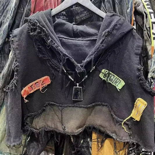 American retro old wash jeans vest women's fashion high-end stitching hole design short sleeveless hooded patch coat jacket. SS69 31.69 Only denim jackets / L