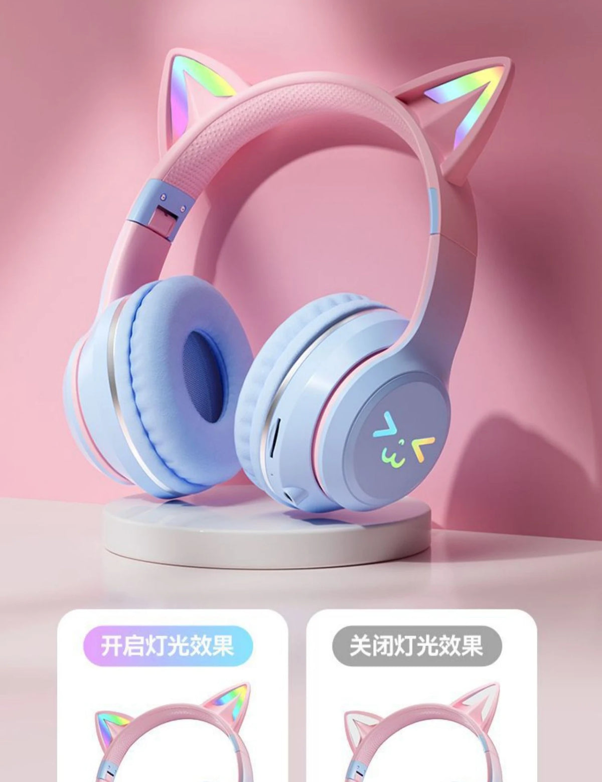 GUZMYYFC Cat Ear Wireless Bluetooth 5.1 Headset with RGB Lights and Mic