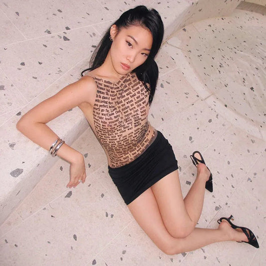 Fashion Trendy Round Collar Sleeveless Tank Mesh Sexy Article Print Slim Casual Top Women Hipster Wear SS69