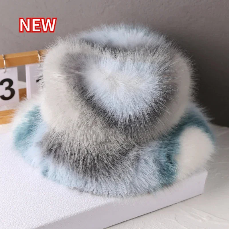 Women's Fluffy Faux Rabbit Fur Bucket Hat - Warm Plush Winter Cap