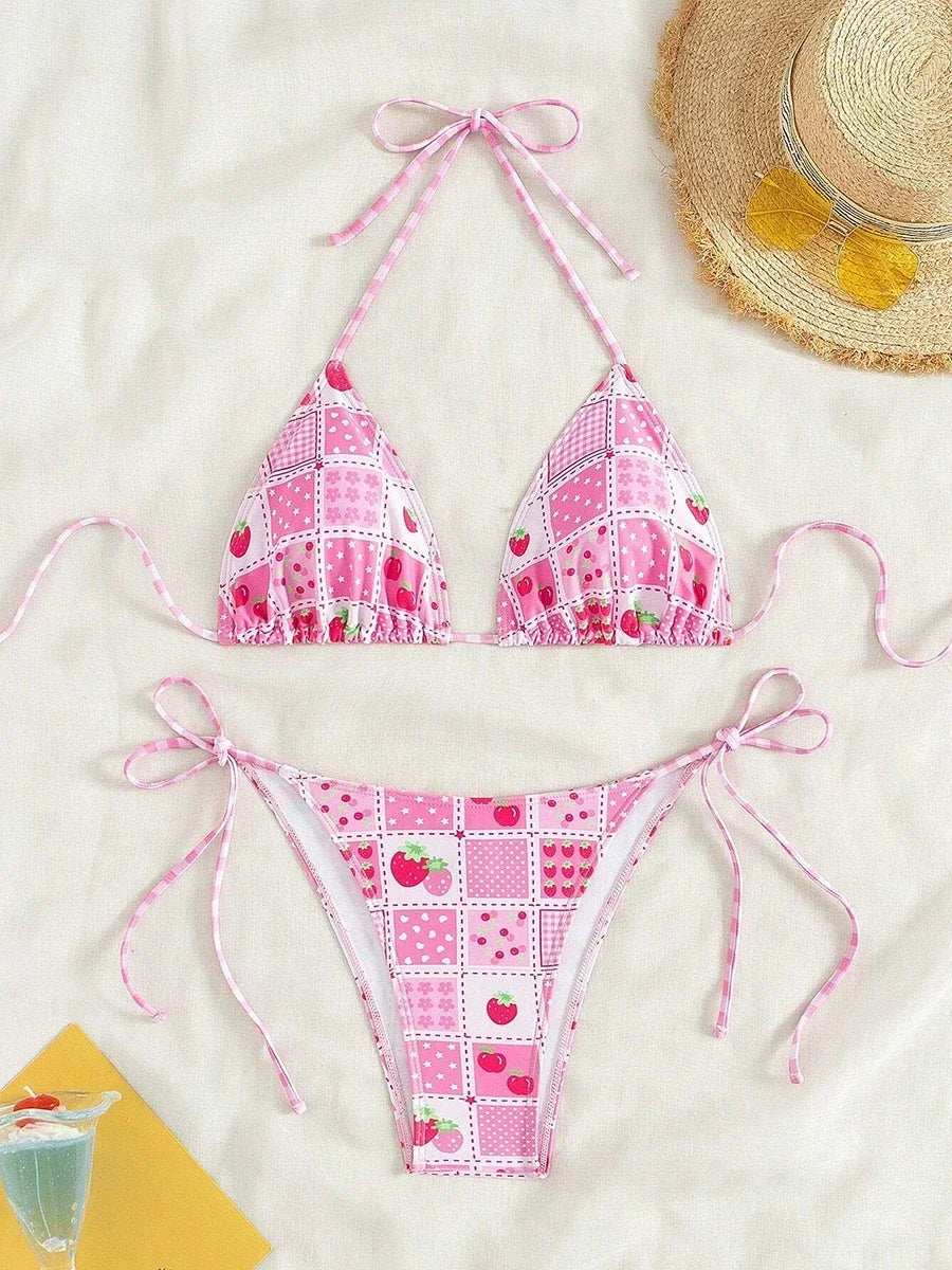Swimsuit 2025 Female Micro Bikini Women Swimwear Summer Beachwear Women's Bathing Suit Floral Print Neck Halter Thong Bikini Set SS69
