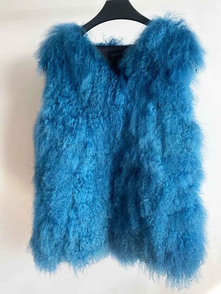 New Real Sheep Fur Vest 100% Natural Mongolia Fur Gilet Pure Long Fur Genuine Fur Oversize Vest ksr801