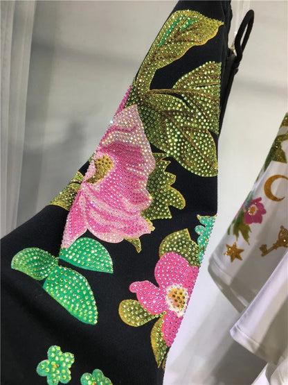 Oversized rhinestone diamond high-waisted black adjustable waist wide leg slacks Women's shorts SS69