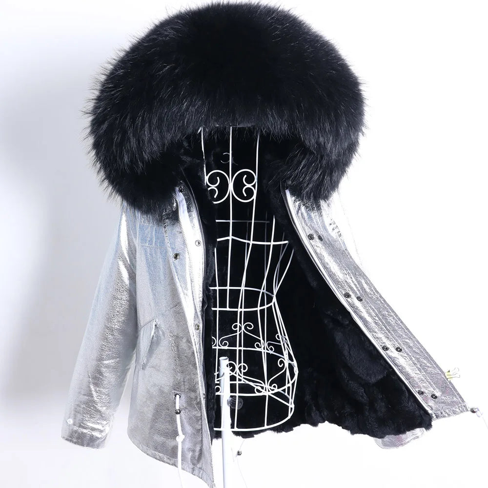 Maomaokong Winter Women Parka Cotton Jacket Real Fur Coat Natural Fox Fur Hooded Rabbit Fur Liner Thick Warm Outerwear Female