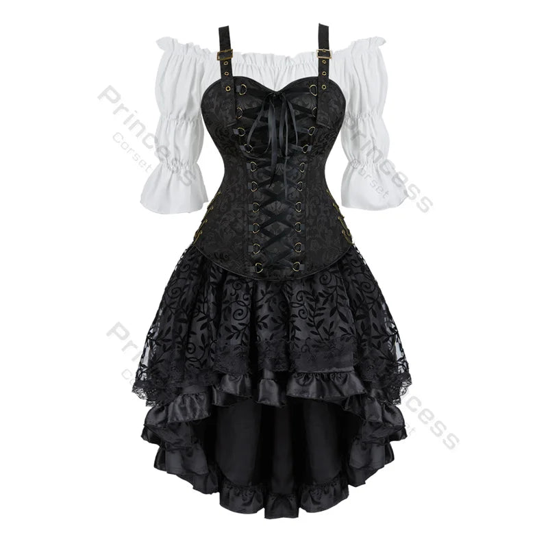 Brown Pirate Dress Plus Size Faxu Leather Steampunk Corset Dress with Shoulder Off Blouse Cosplay Pirate Costume for Women SS69