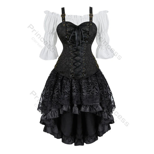 Brown Pirate Dress Plus Size Faxu Leather Steampunk Corset Dress with Shoulder Off Blouse Cosplay Pirate Costume for Women SS69