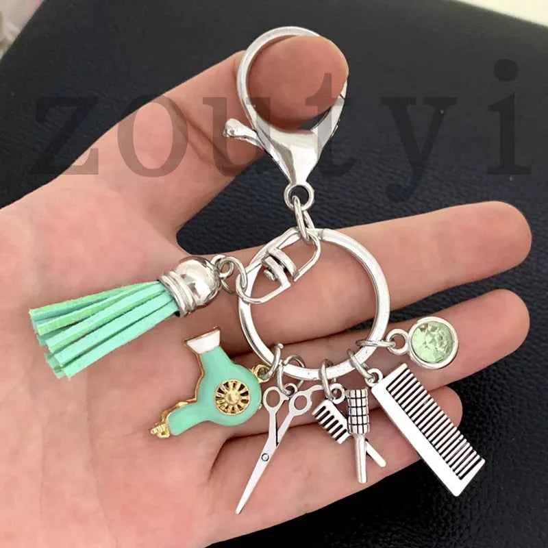 New fashion hairstyle gift charm tassel keychain retro jewelry mini hairdressing scissors hair dryer comb keychain DIY manual