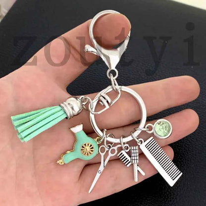 New fashion hairstyle gift charm tassel keychain retro jewelry mini hairdressing scissors hair dryer comb keychain DIY manual
