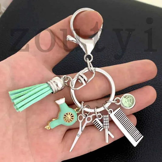 New fashion hairstyle gift charm tassel keychain retro jewelry mini hairdressing scissors hair dryer comb keychain DIY manual