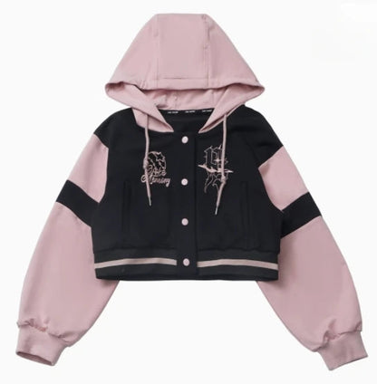 Pink and Black Splicing Color Hooded Baseball Jacket Casual Pant Sets 2025 Spring and Autumn Sweet Cool Girl Students Outfits SS69 70.69 short coat / M