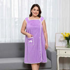 1 Pcs Women's Plus Size Wearable Bath Towel-Cute Bow Soft Shower Skirt for Women-Adjustable Bath Robe with Pocket for Home an
