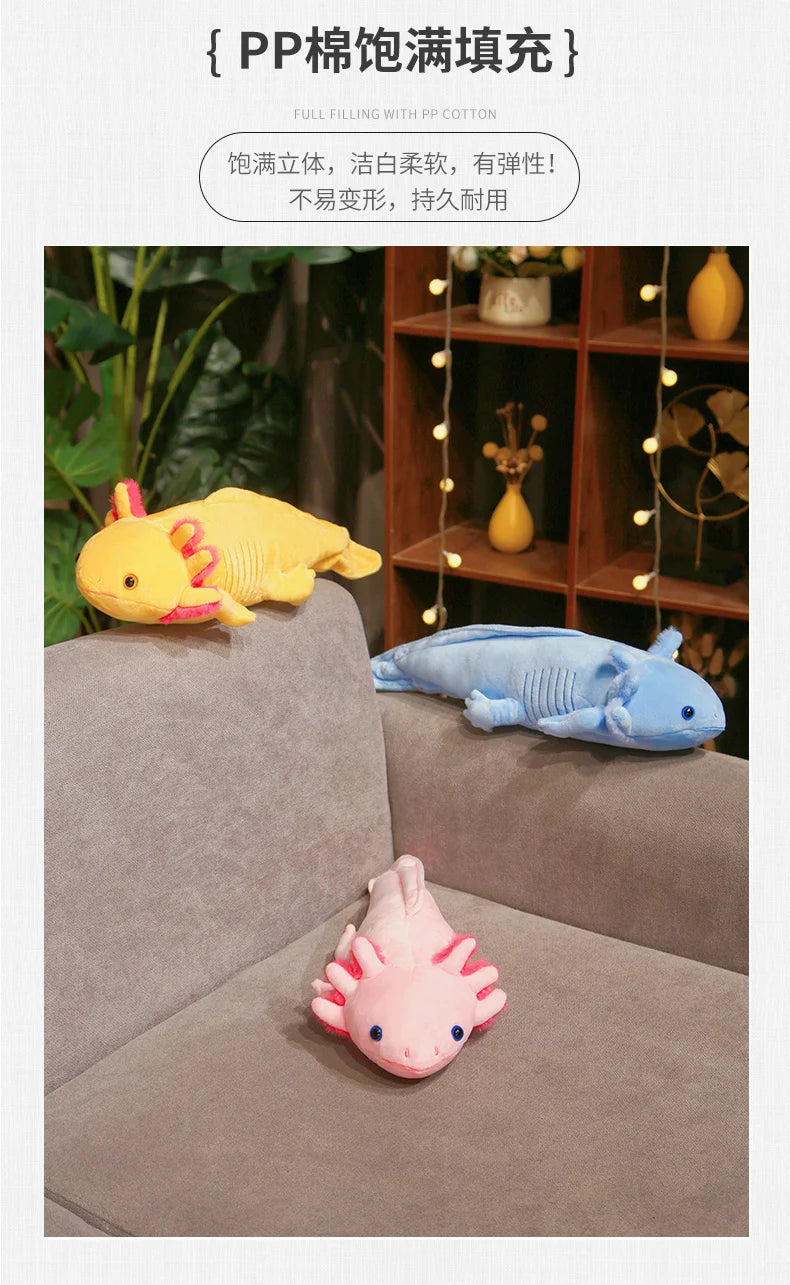 45-80cm Kawaii Colorful Newt Plush Toy Stuffed Cute Axolotl Salamander Fuzzy Plush Fish Appeasing Long Pillow Cushion Kids Gift SS69