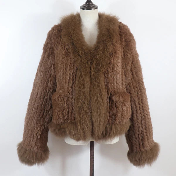 New Women Autumn Winter Knitted Real Rabbit Fur Coat 100% Natural Rabbit Fur Jacket With Fox Fur Collar Overcoat For Female