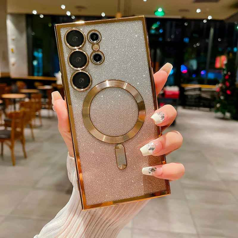 For Magsafe Plating Gradient Glitter Shockproof Phone Case For Samsung S25 S24 S23 S22 S21 S20 Ultra Plus FE Soft Bumper Cover SS69 8.69 For Samsung S24Plus / Gold