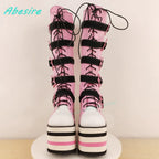 Star-Shaped Belt Buckle Knee High Boots Round Toe Platform Mixed Colors Women's Boots Cute Punk Zipper Patchwork Wedges Shoes