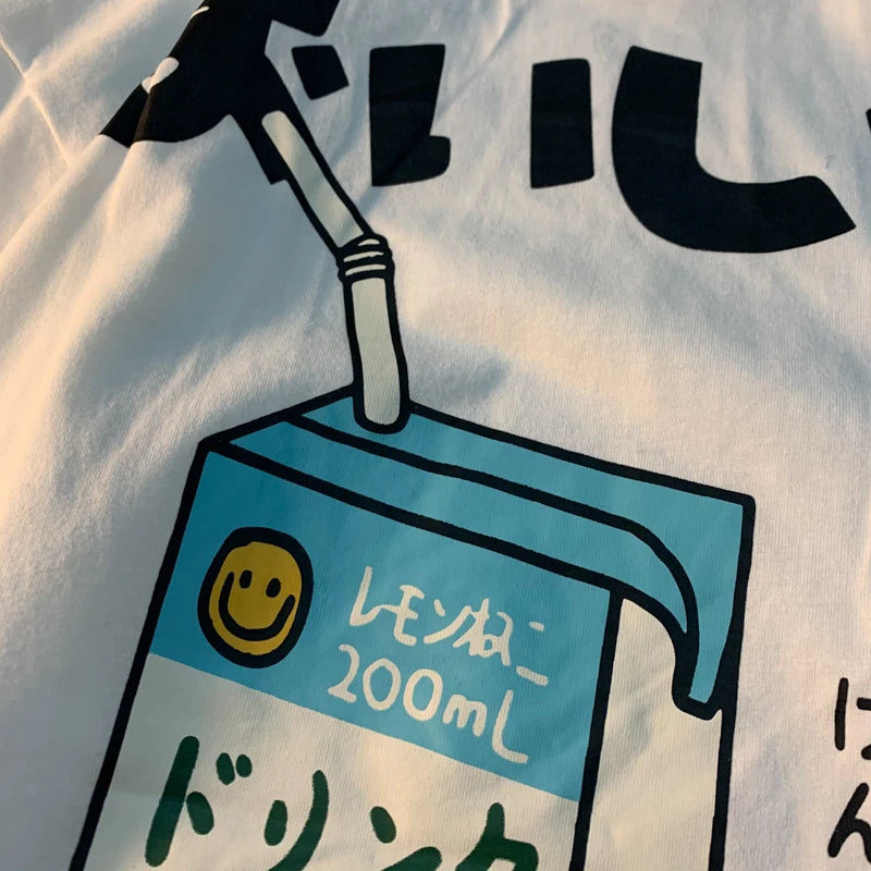 Cute Japanese Cat Print Oversized T-shirt Women Men Short Sleeve Loose Casual Tee Shirt Streetwear Tops Cotton Harajuku Clothing SS69