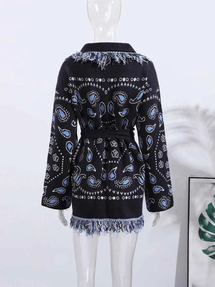 Vintage Tassels Print Women's Print Cardigan V-Neck Lace Up Full Sleeve Spliced Sweaters 2025 Autumn Lady All-match Kintwears