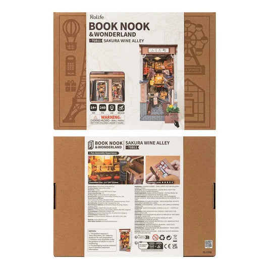 Robotime Rolife Sakura Wine Alley Japanese Style Design Book Nooks Kit for Family Home Bookshelf Decoration 3D DIY Wooden Puzzle