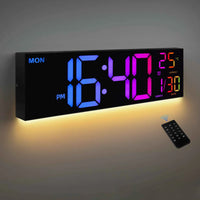 16" Large Digital Wall Clock, Big LED Display with Remote, 8 RGB Color, Alarm, DST, Temperature for Living Room, Kitchen