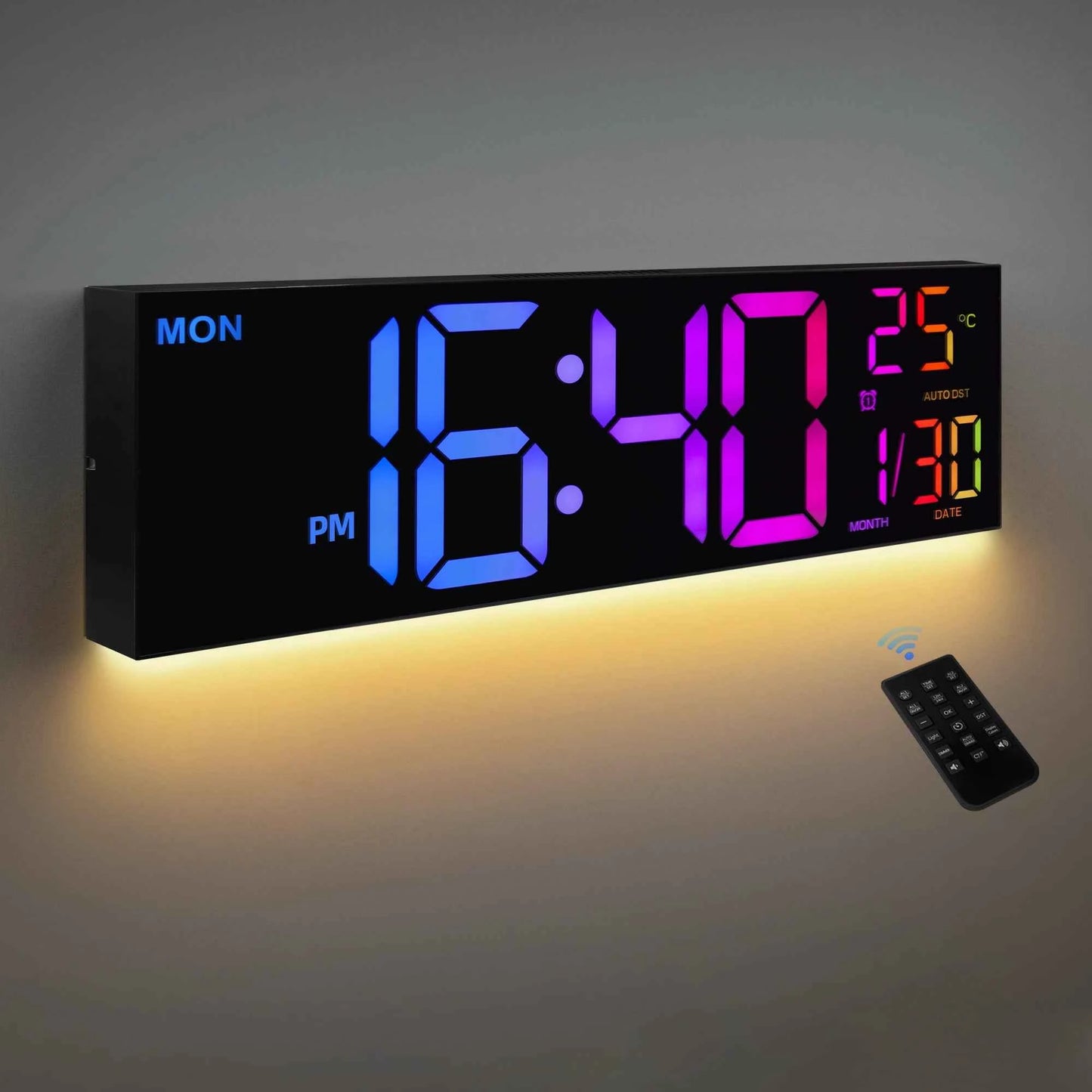 16" Large Digital Wall Clock, Big LED Display with Remote, 8 RGB Color, Alarm, DST, Temperature for Living Room, Kitchen
