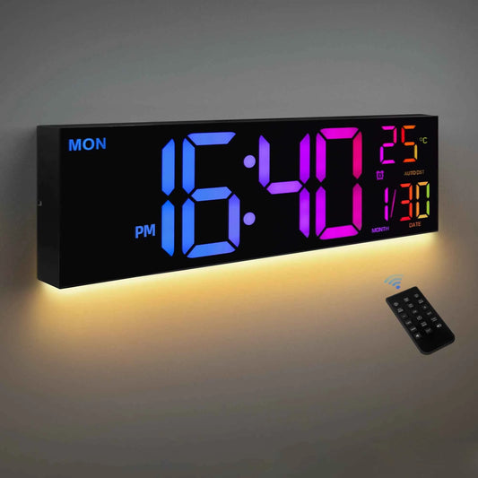 16" Large Digital Wall Clock, Big LED Display with Remote, 8 RGB Color, Alarm, DST, Temperature for Living Room, Kitchen
