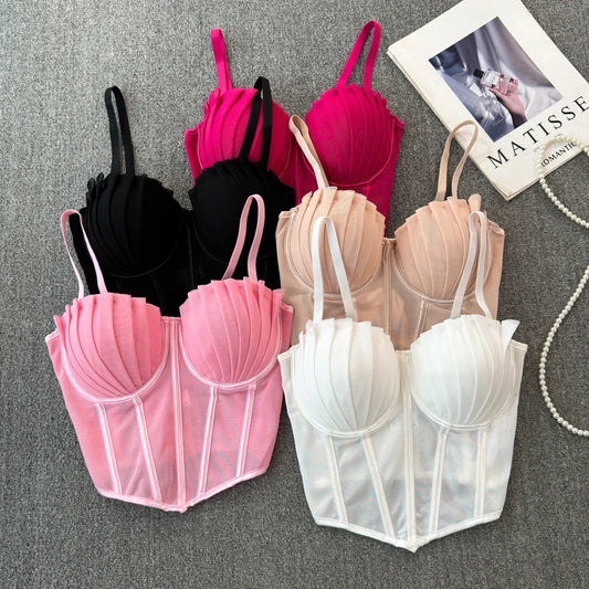 korean fashion mesh summer Fashion fishbone camis Corset  Slim Hotsweet Tank Top Women sweet crop top SS69